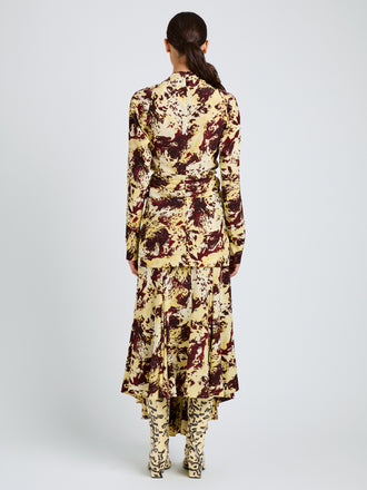 Proenza Schouler Back full length image of model wearing Joelle Skirt in Printed Silk Viscose in Rust Multi