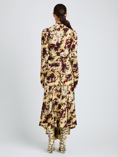 Proenza Schouler Back full length image of model wearing Joelle Skirt in Printed Silk Viscose in Rust Multi