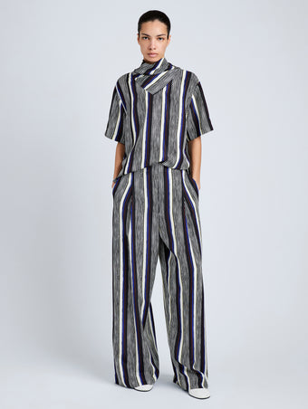Proenza Schouler Front full length image of model wearing Amira Pant in Printed Silk Habotai in Black Multi
