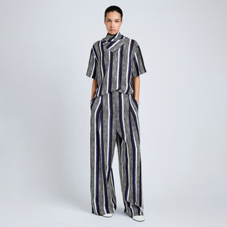 Proenza Schouler Front full length image of model wearing Amira Pant in Printed Silk Habotai in Black Multi