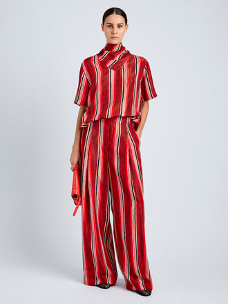 Proenza Schouler Front full length image of model wearing Amira Pant in Printed Silk Habotai in Vermillion Multi