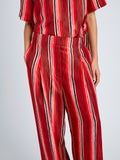 Proenza Schouler Detail image of model wearing Amira Pant in Printed Silk Habotai in Vermillion Multi