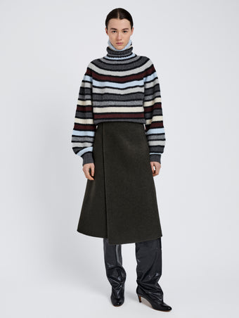 Proenza Schouler Front full length image of model wearing Danea Top in Stripe Cashmere in Neutral Multi
