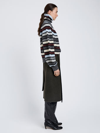 Proenza Schouler Side full length image of model wearing Danea Top in Stripe Cashmere in Neutral Multi