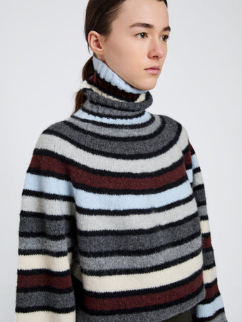 Proenza Schouler Detail image of model wearing Danea Top in Stripe Cashmere in Neutral Multi
