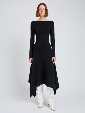 Proenza Schouler Front full length image of model wearing Romi Dress in Textured Sculpted Viscose in Black