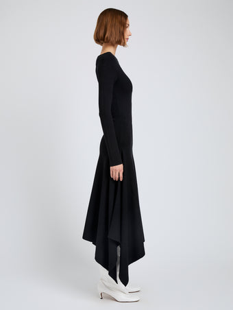 Proenza Schouler Side full length image of model wearing Romi Dress in Textured Sculpted Viscose in Black