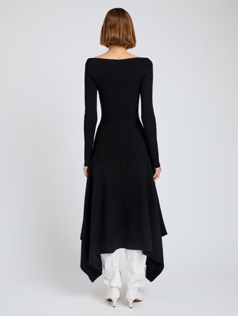 Proenza Schouler Back full length image of model wearing Romi Dress in Textured Sculpted Viscose in Black