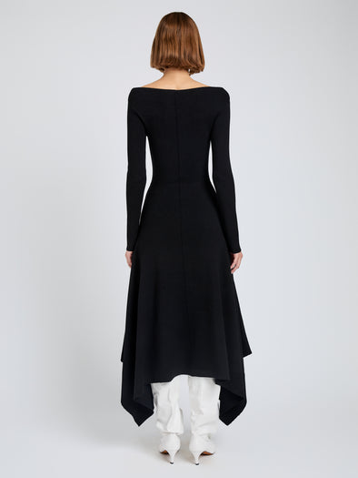 Proenza Schouler Back full length image of model wearing Romi Dress in Textured Sculpted Viscose in Black