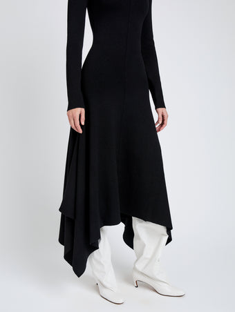 Proenza Schouler Detail image of model wearing Romi Dress in Textured Sculpted Viscose in Black