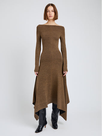 Proenza Schouler Front full length image of model wearing Romi Dress in Textured Sculpted Viscose in Sepia