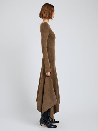 Proenza Schouler Side full length image of model wearing Romi Dress in Textured Sculpted Viscose in Sepia