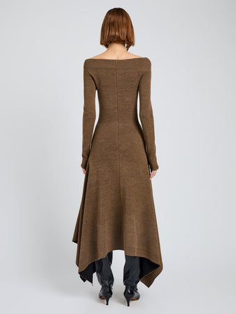 Proenza Schouler Back full length image of model wearing Romi Dress in Textured Sculpted Viscose in Sepia