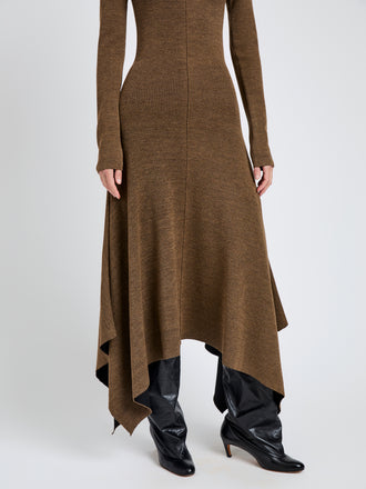 Proenza Schouler Detail image of model wearing Romi Dress in Textured Sculpted Viscose in Sepia