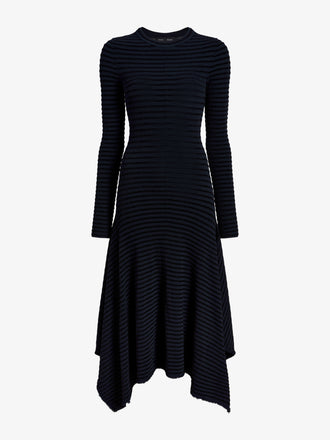 Proenza Schouler flat image of Didi Dress in Matte Viscose Velvet Stripe in navy/black