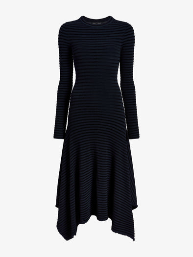 Proenza Schouler flat image of Didi Dress in Matte Viscose Velvet Stripe in navy/black