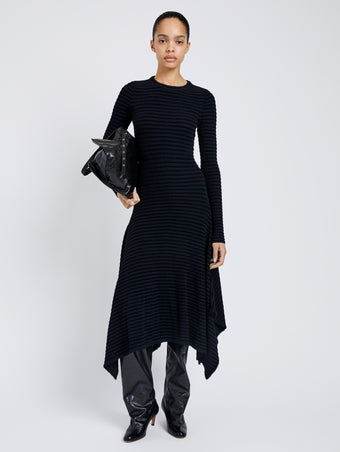 Proenza Schouler front image of model wearing Didi Dress in Matte Viscose Velvet Stripe in navy/black