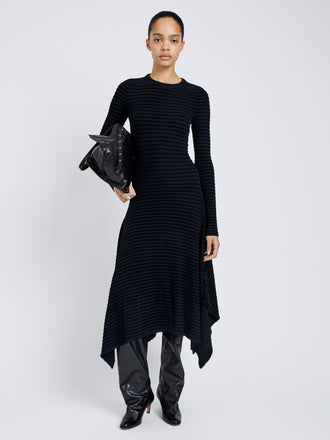 Proenza Schouler front image of model wearing Didi Dress in Matte Viscose Velvet Stripe in navy/black