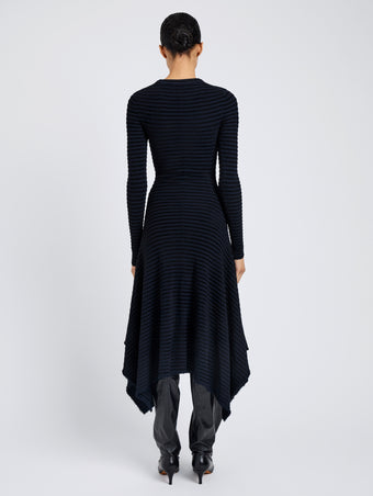 Proenza Schouler back image of model wearing Didi Dress in Matte Viscose Velvet Stripe in navy/black