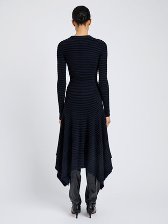Proenza Schouler back image of model wearing Didi Dress in Matte Viscose Velvet Stripe in navy/black