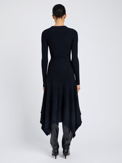 Proenza Schouler back image of model wearing Didi Dress in Matte Viscose Velvet Stripe in navy/black