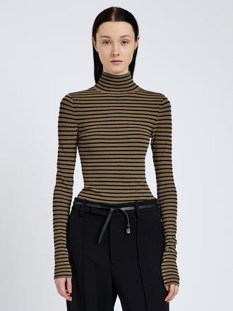 Proenza Schouler cropped front image of Didi Top in Matte Viscose Velvet Stripe in khaki/black