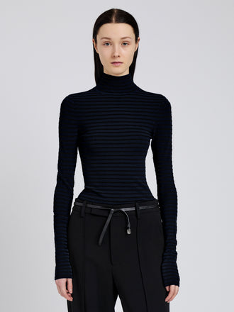 Proenza Schouler cropped front image of Didi Top in Matte Viscose Velvet Stripe in navy/black