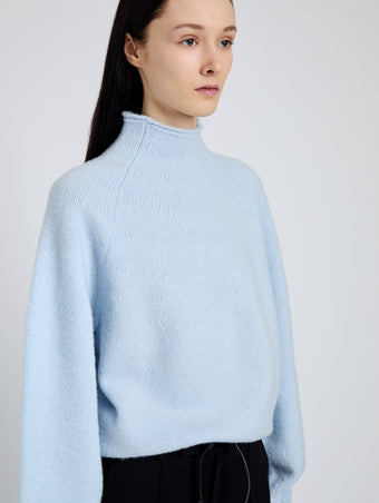 Proenza Schouler Detail image of model wearing Adley Top in Solid Cashmere Blend in Light Blue