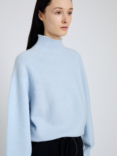 Proenza Schouler Detail image of model wearing Adley Top in Solid Cashmere Blend in Light Blue