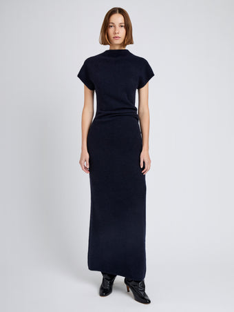 Proenza Schouler Front full length image of model wearing Abie Dress in Clean Boiled Wool in Navy