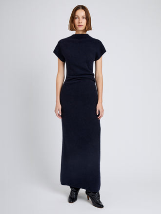 Proenza Schouler Front full length image of model wearing Abie Dress in Clean Boiled Wool in Navy