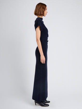Proenza Schouler Side full length image of model wearing Abie Dress in Clean Boiled Wool in Navy
