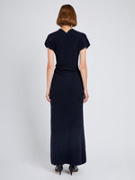 Proenza Schouler Back full length image of model wearing Abie Dress in Clean Boiled Wool in Navy