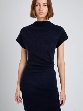 Proenza Schouler Detail image of model wearing Abie Dress in Clean Boiled Wool in Navy