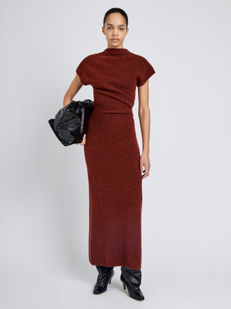 Proenza Schouler Front full length image of model wearing Abie Dress in Clean Boiled Wool in Cinnamon