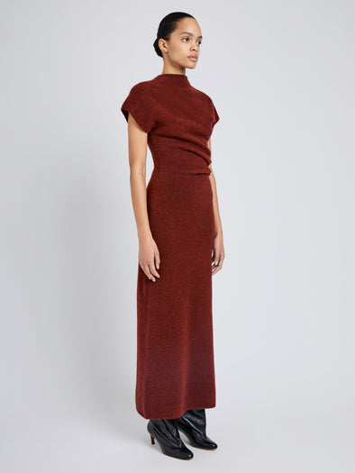 Proenza Schouler Side full length image of model wearing Abie Dress in Clean Boiled Wool in Cinnamon