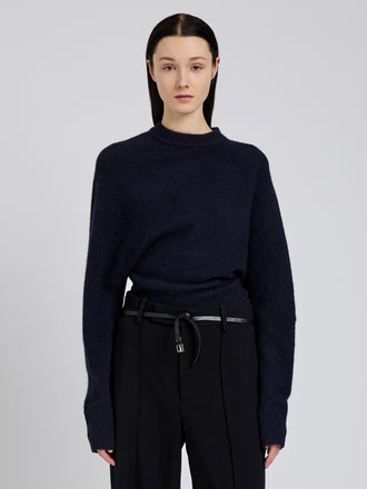 Proenza Schouler Front cropped image of model wearing Abie Top in Clean Boiled Wool in Navy