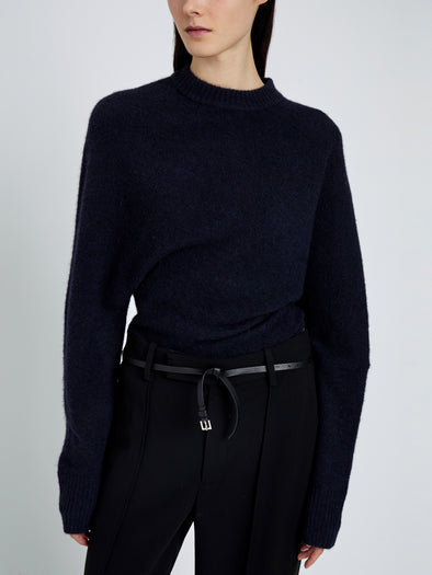 Proenza Schouler Detail image of model wearing Abie Top in Clean Boiled Wool in Navy