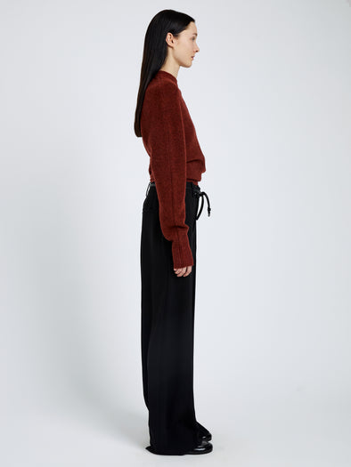 Proenza Schouler Side full length image of model wearing Abie Top in Clean Boiled Wool in Cinnamon