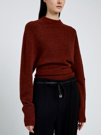 Proenza Schouler Detail image of model wearing Abie Top in Clean Boiled Wool in Cinnamon
