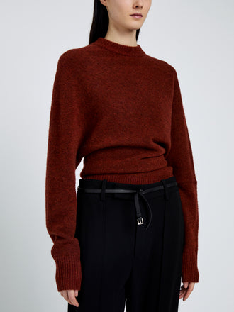 Proenza Schouler Detail image of model wearing Abie Top in Clean Boiled Wool in Cinnamon