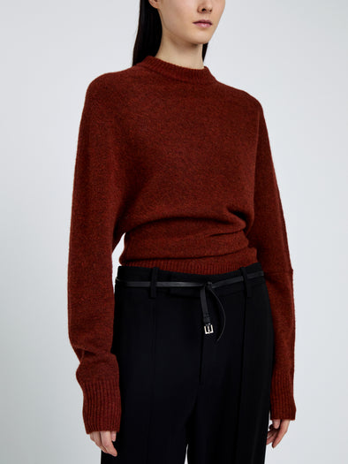 Proenza Schouler Detail image of model wearing Abie Top in Clean Boiled Wool in Cinnamon