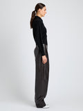 Proenza Schouler Side full length image of model wearing Rocio Cardigan in Cashmere in Black