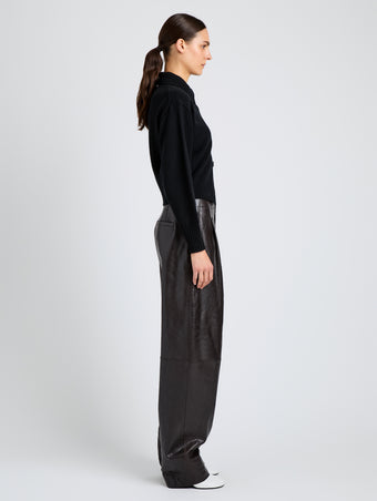 Proenza Schouler Side full length image of model wearing Rocio Cardigan in Cashmere in Black
