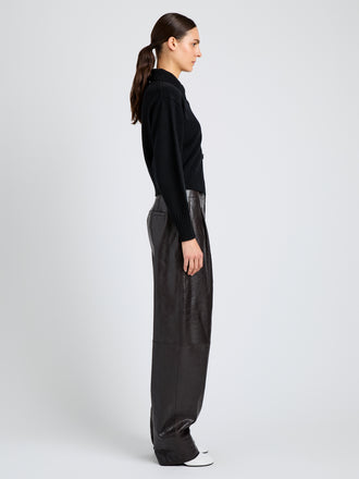 Proenza Schouler Side full length image of model wearing Rocio Cardigan in Cashmere in Black