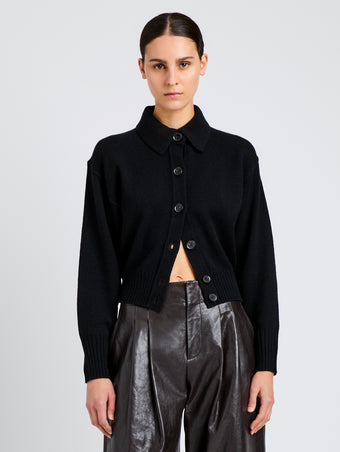 Proenza Schouler Detail image of model wearing Rocio Cardigan in Cashmere in Black