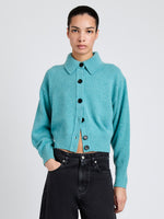 Proenza Schouler Front cropped image of model wearing Rocio Cardigan in Cashmere in Teal