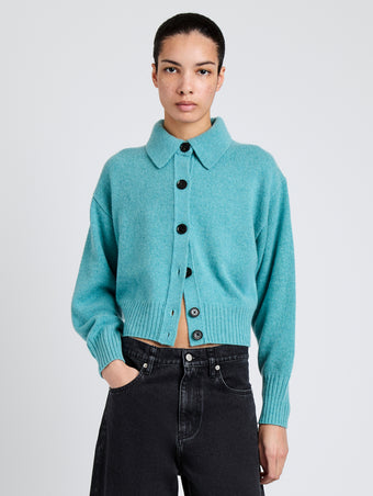 Proenza Schouler Front cropped image of model wearing Rocio Cardigan in Cashmere in Teal