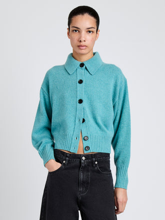 Proenza Schouler Front cropped image of model wearing Rocio Cardigan in Cashmere in Teal
