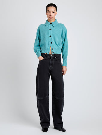 Proenza Schouler Front full length image of model wearing Rocio Cardigan in Cashmere in Teal
